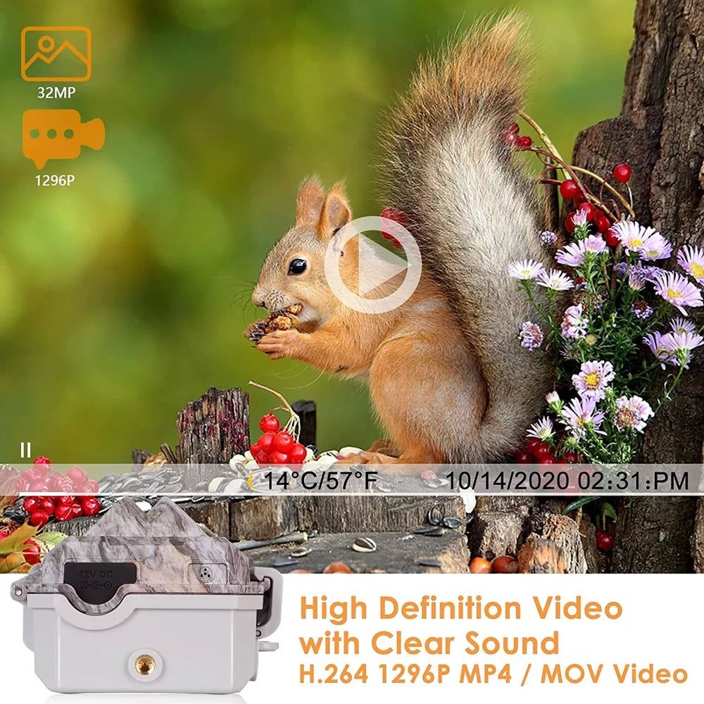 Trail Camera WiFi Bluetooth 32MP 1296P Wildlife Game Night Vision Hunting Camera