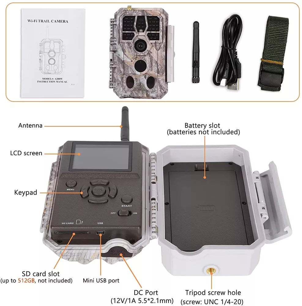 Trail Camera WiFi Bluetooth 32MP 1296P Wildlife Game Night Vision Hunting Camera