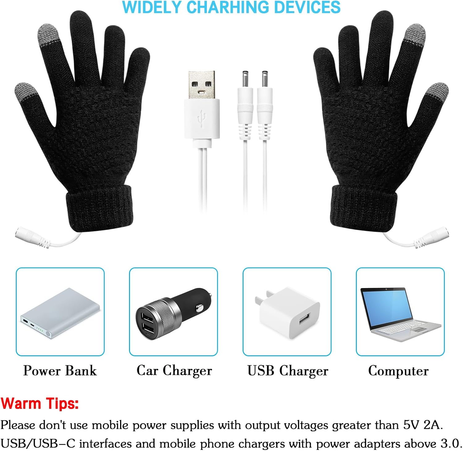 USB Electric Rechargeable Heated Gloves Full Finger Warmer Winter Mitten