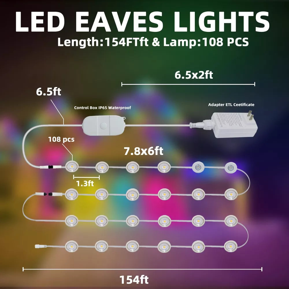 Permanent Outdoor Eaves Lights Smart RGB 150ft/300ft 108/216 LED DIY Scene Modes