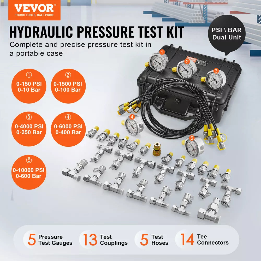 VEVOR Hydraulic Pressure Test Kit 5 Gauges 13 Couplings 14 Tee Connectors 5 Hose