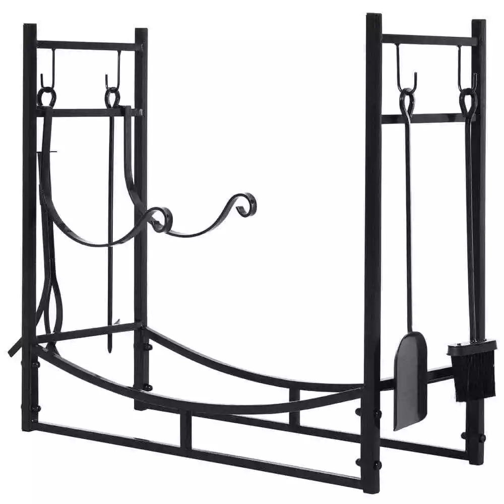 33 in. L Wrought Iron Indoor Outdoor Fireplace Tool Set Log Rack Holder with Fir