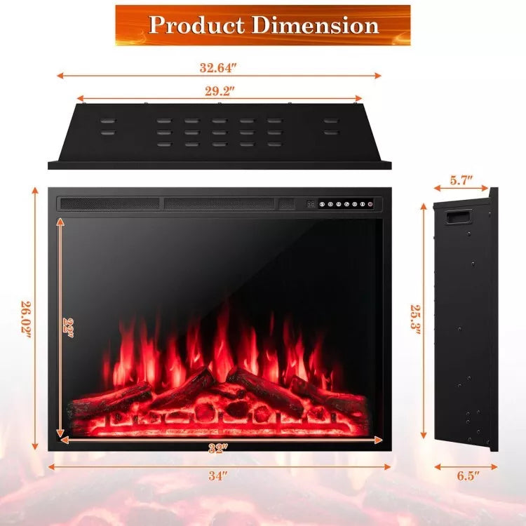 34'' Electric Fireplace Insert Heater Log Flame Effect W/ Remote Control 1500W