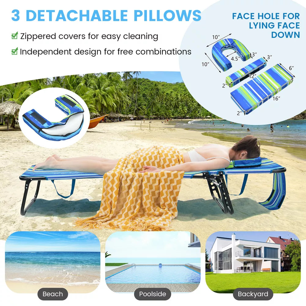 Beach Chaise Lounge Chair w/ 5-Position Adjustable Backrest & Face Hole Pillows