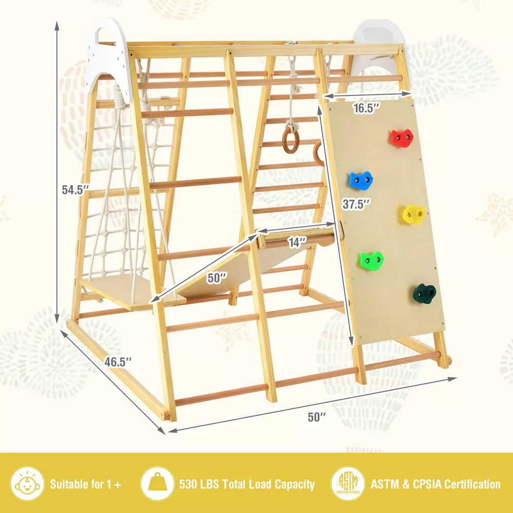 8-in-1 Jungle Gym Playset, Wooden Climber Play Set w/ Monke Natural