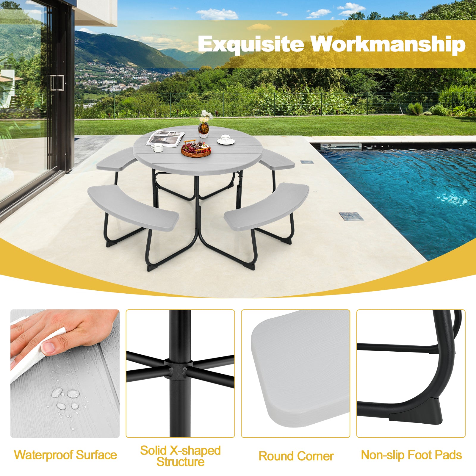 Outdoor 8-person Round Picnic Table Bench Set w/ 4 Benches & Umbrella Hole