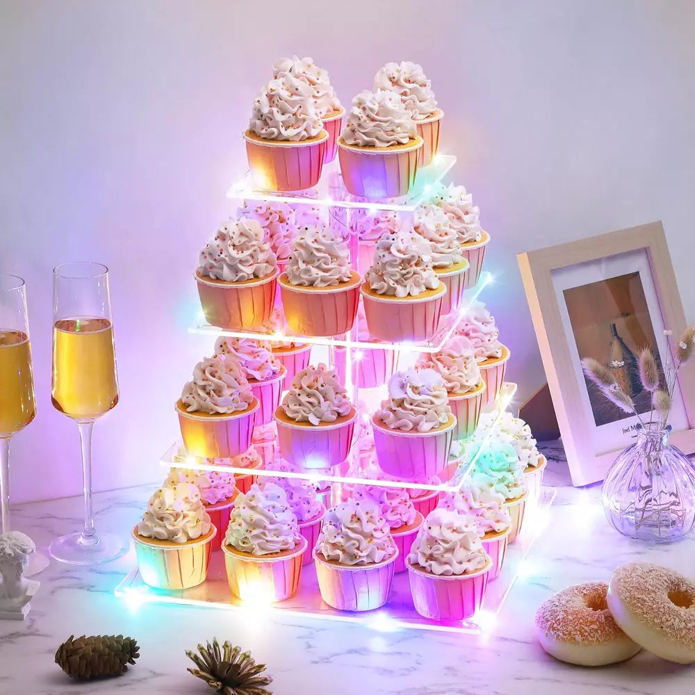 4 Tier Cupcake Stand with LED String Light, Acrylic Cupcake Display Stand, Squar