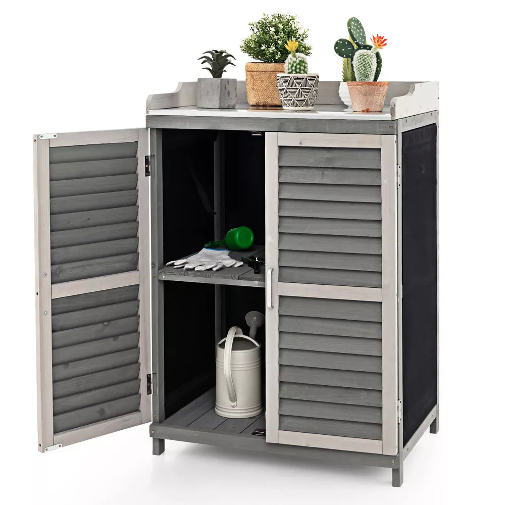 Outdoor Potting Bench Table, Garden Storage Cabinet w/Metal Tabletop Grey