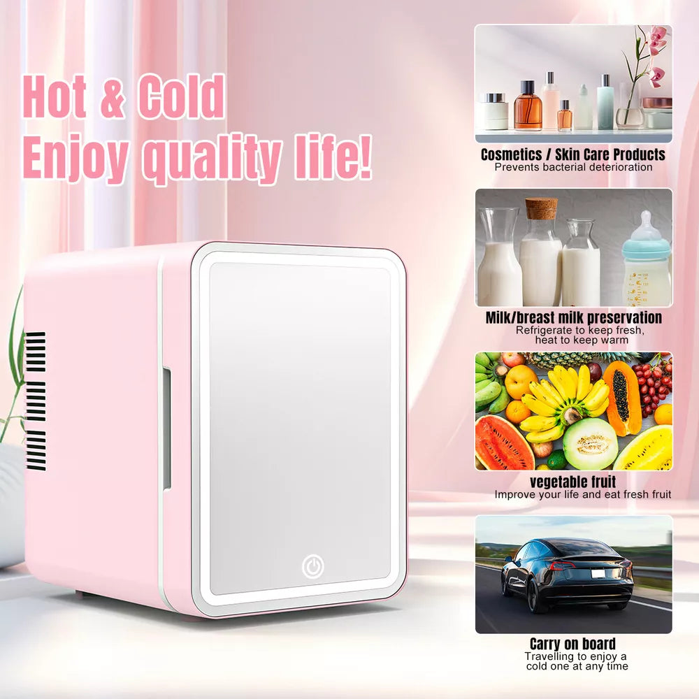 4L 6 Can Mini Fridge Refrigerator Skincare Cooler & Warmer LED Mirrored 12V 110V