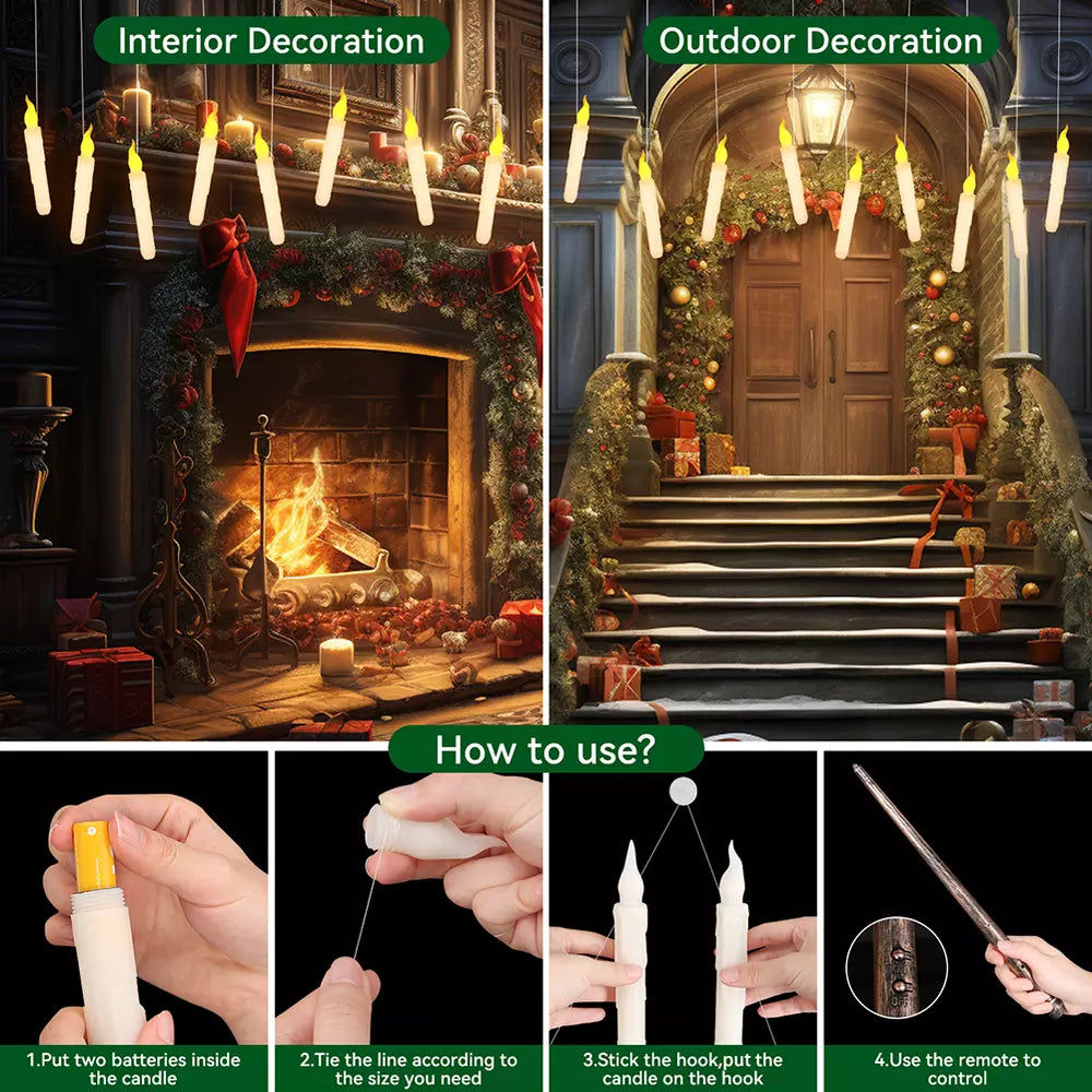 Floating Hanging Flickering Flameless LED Taper Candles with Magic Wand Remote