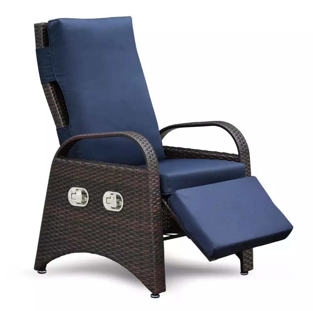 Outdoor Adjustable Recliner PE Wicker Chair With Side Table Navy Blue Cushions