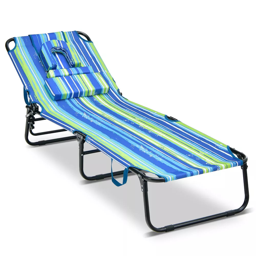 Beach Chaise Lounge Chair w/ 5-Position Adjustable Backrest & Face Hole Pillows