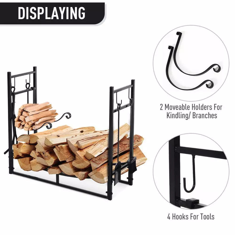 33 in. L Wrought Iron Indoor Outdoor Fireplace Tool Set Log Rack Holder with Fir