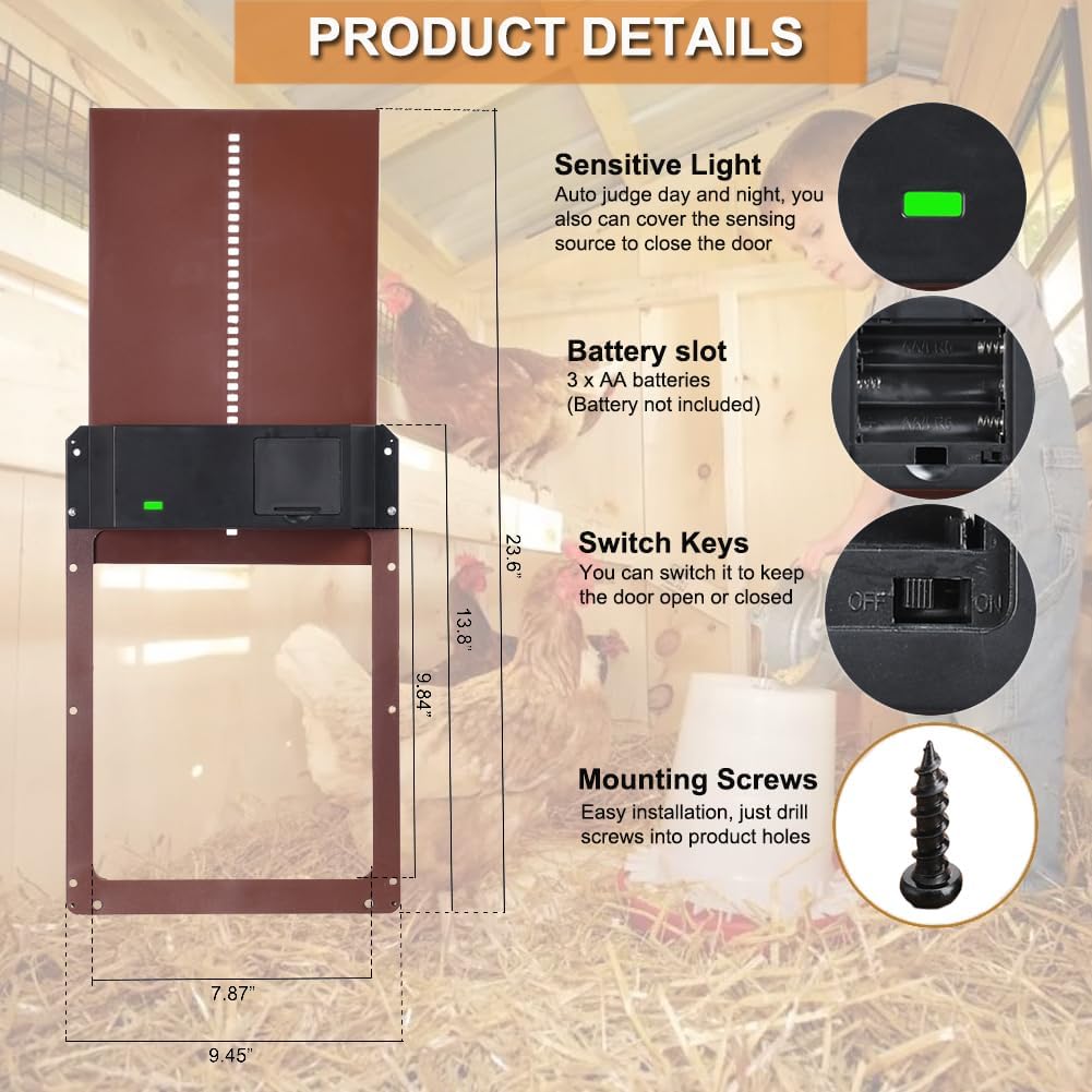 Automatic Chicken Coop Door Opener w/Light Sensor Battery Operated Color BROWN