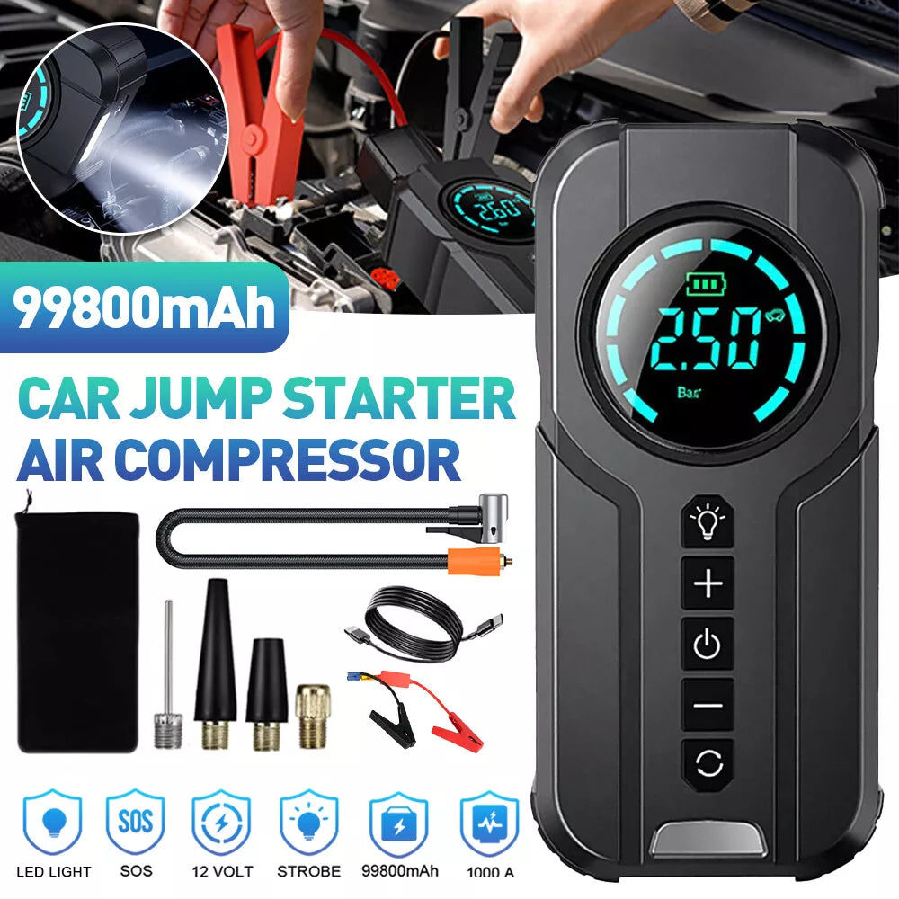 Car Jump Starter Air Pump Power Bank Lighting Portable Air Compressor 4 In 1 Car