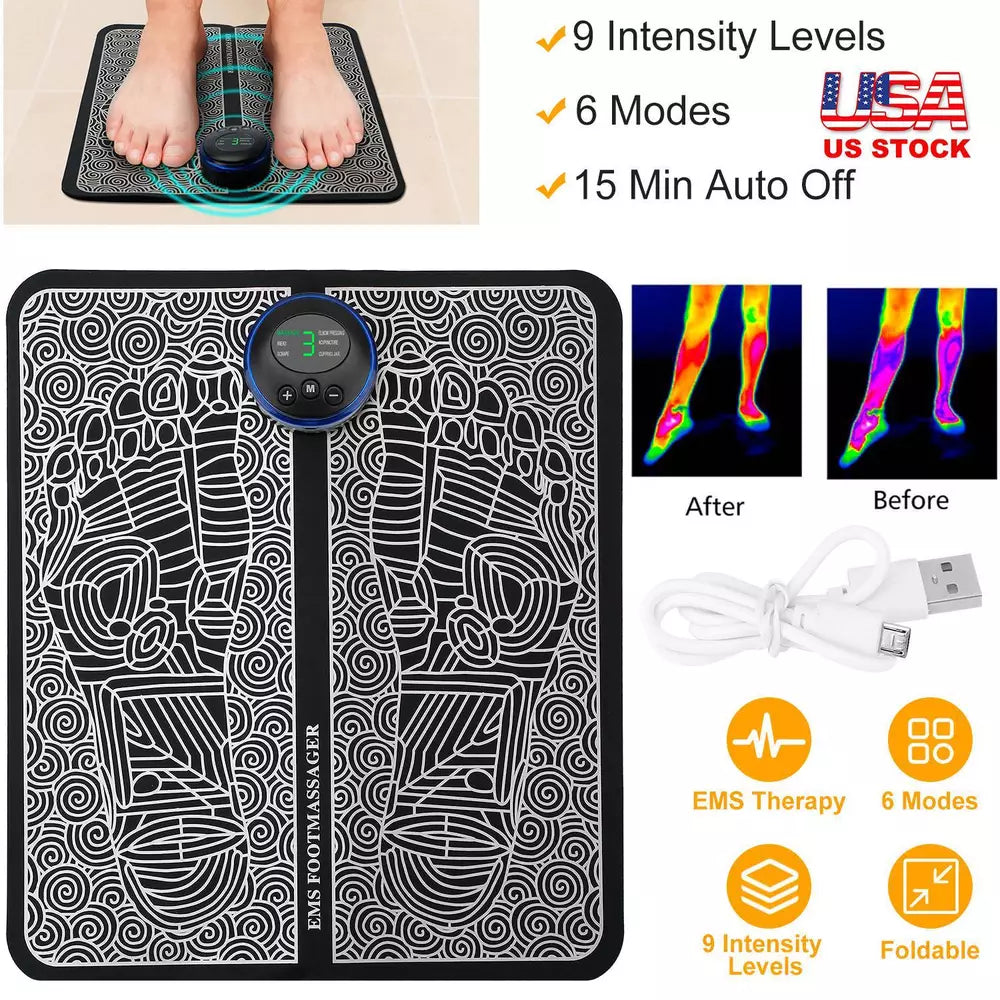 New Black, Rechargeable EMS Foot Massage Pad with Electric Stimulator for Leg