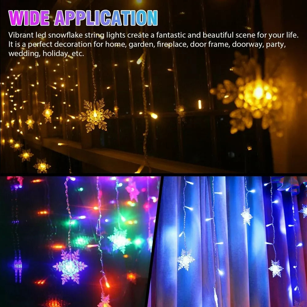 96 LED Snowflake Fairy Curtain String Lights Hanging Xmas Ornament Party Decor