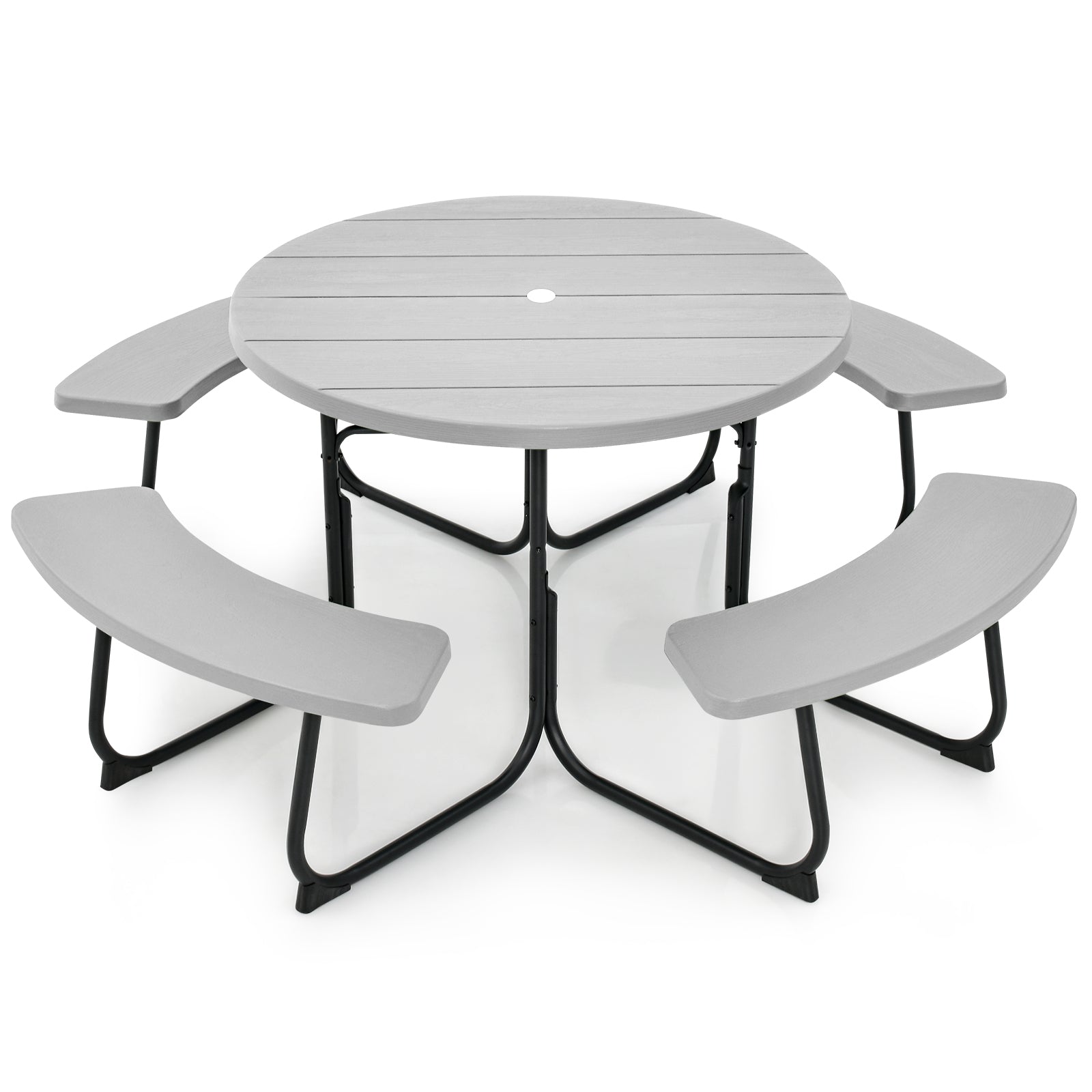 Outdoor 8-person Round Picnic Table Bench Set w/ 4 Benches & Umbrella Hole