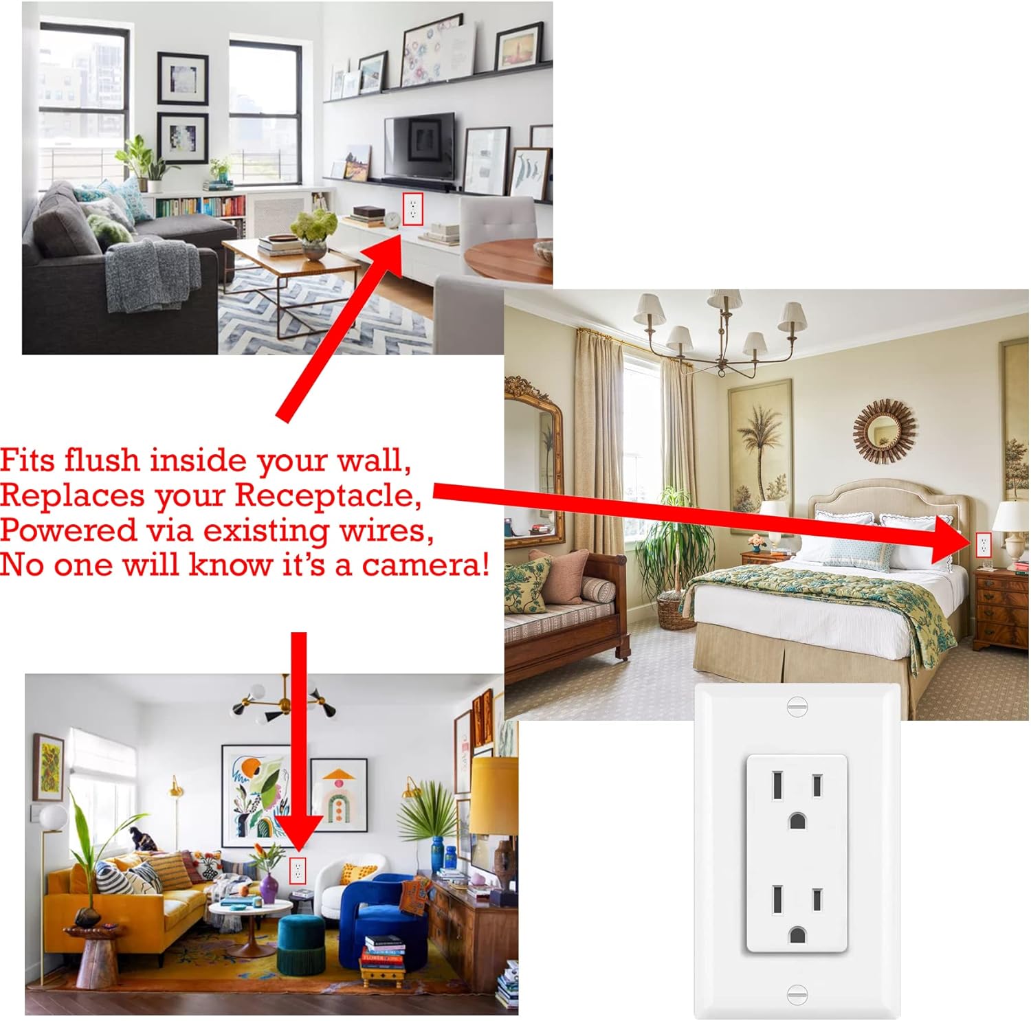 Hardwired Functional Outlet Receptacle Plug w/ Wifi 4K UHD Nanny Camera