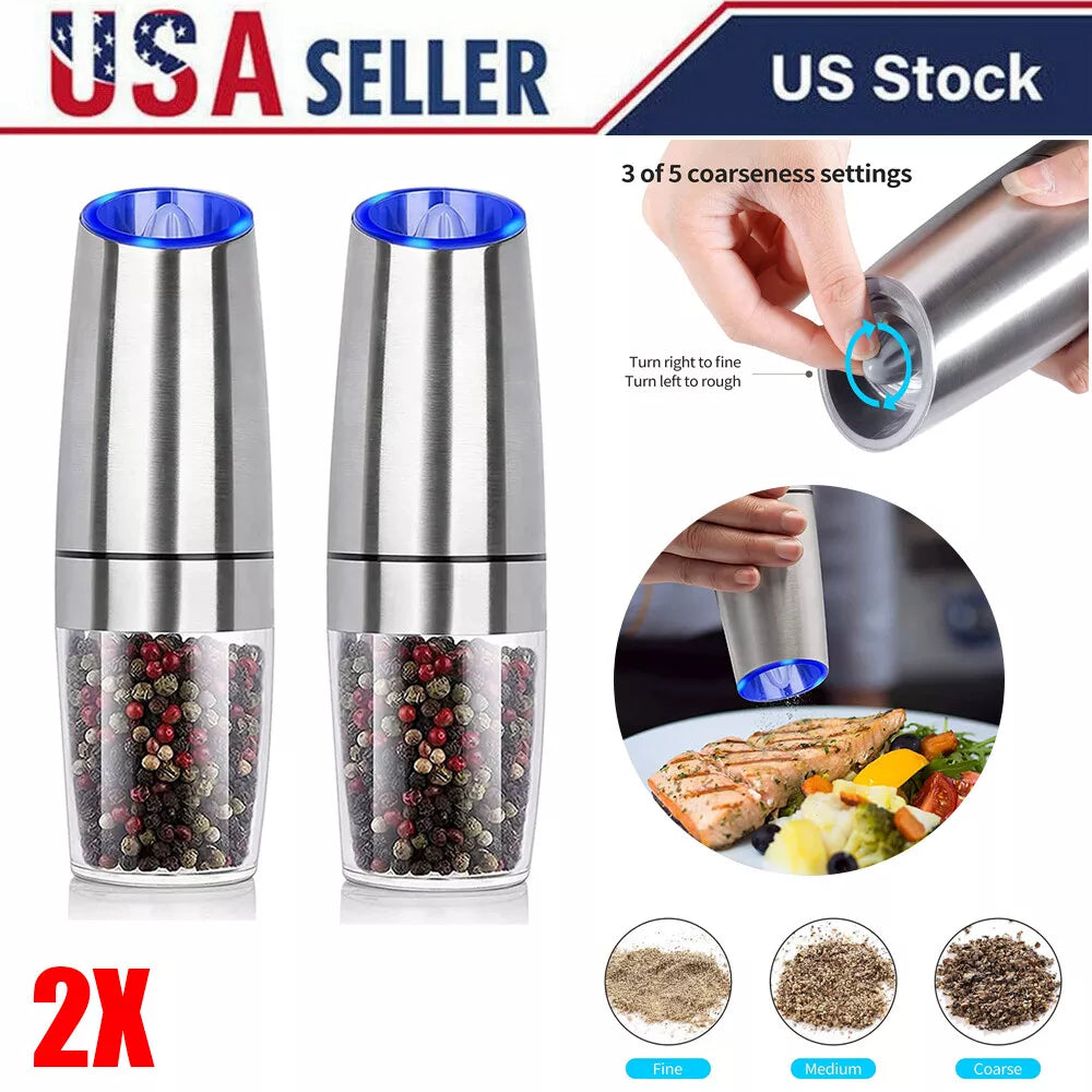 2PC Electric Pepper & Salt Grinder Automatic Adjustable Coarseness Battery Power