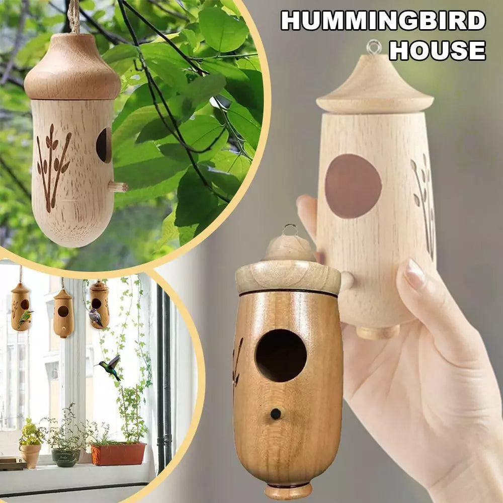 Wooden Hummingbird House Hand Hanging Hummingbird Attract Swing Nest Yard Decor