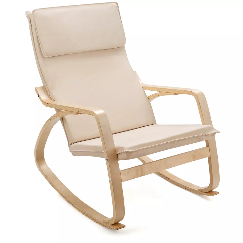 Modern Bentwood Rocking Chair Fabric Upholstered Relax Rocker Lounge Chair Beige