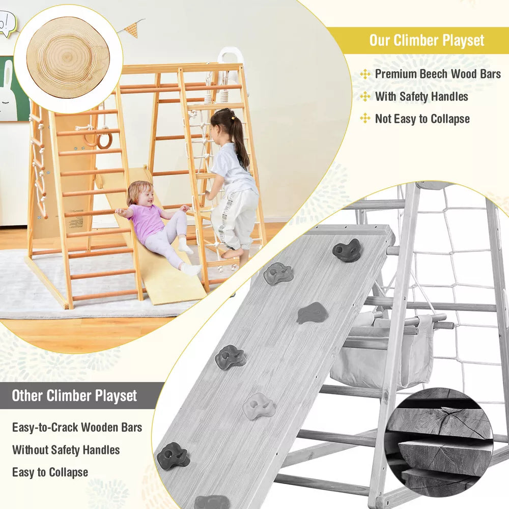 8-in-1 Jungle Gym Playset, Wooden Climber Play Set w/ Monke Natural