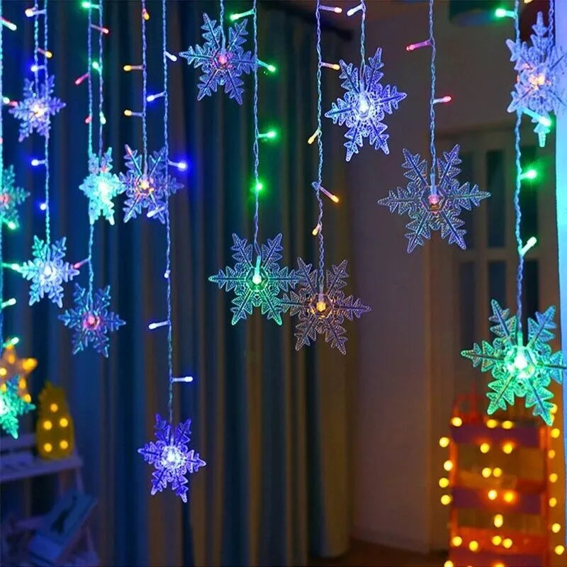 96 LED Snowflake Fairy Curtain String Lights Hanging Xmas Ornament Party Decor