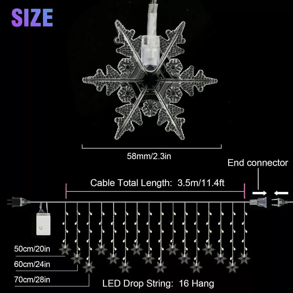 96 LED Snowflake Fairy Curtain String Lights Hanging Xmas Ornament Party Decor