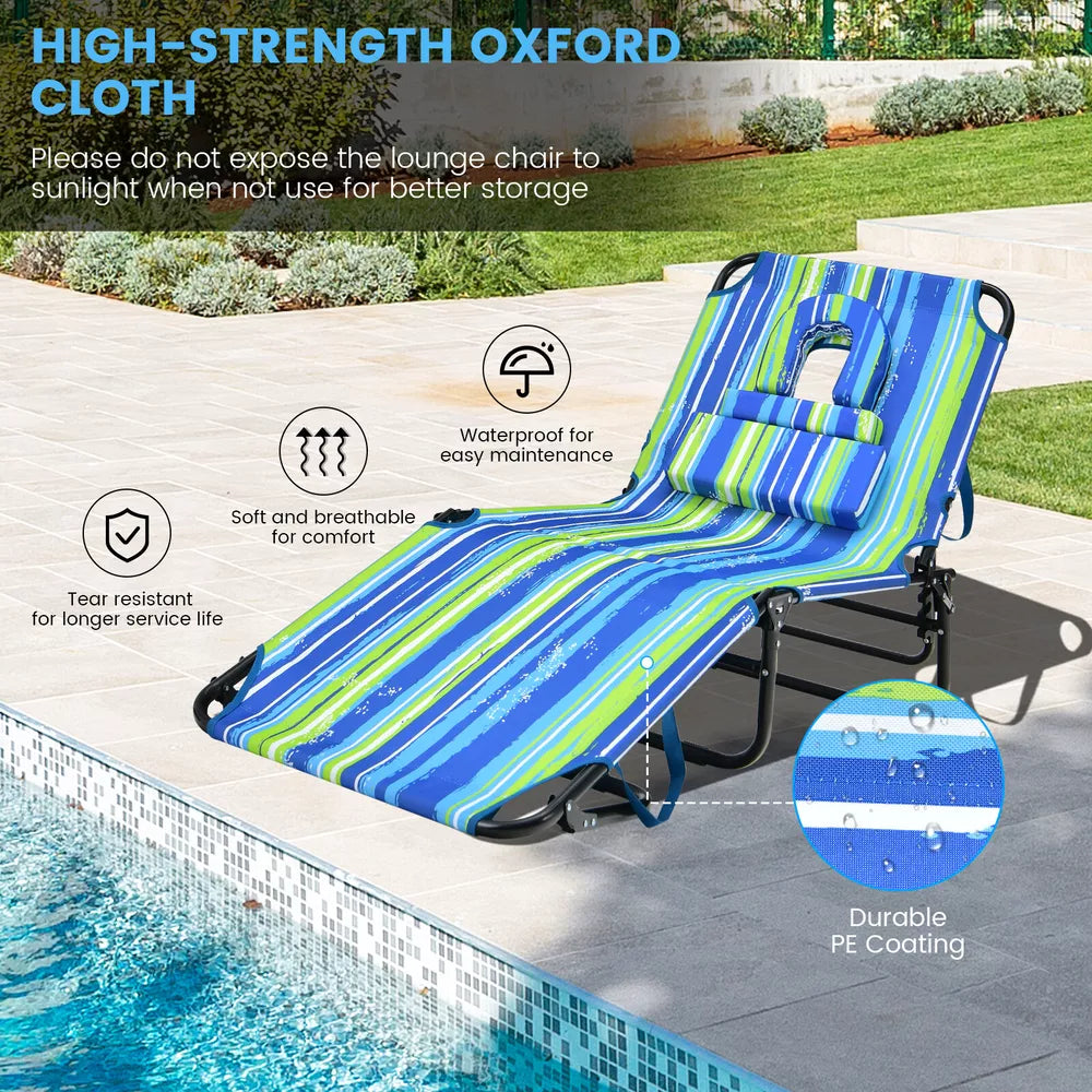 Beach Chaise Lounge Chair w/ 5-Position Adjustable Backrest & Face Hole Pillows