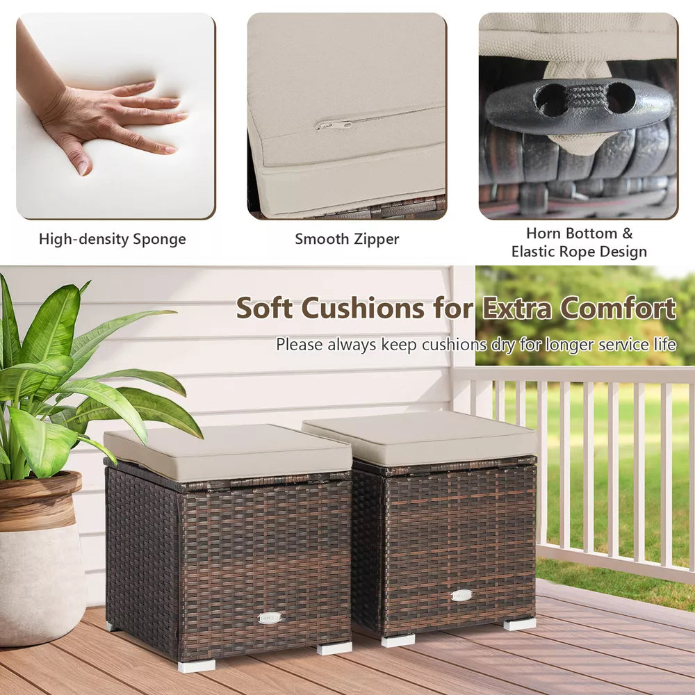 2PCS Patio Rattan Ottomans Seat Side Table Storage Box Footstool W/Cushion Beige