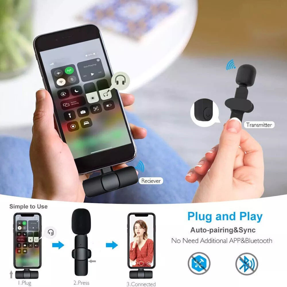 Wireless Lavalier Microphone for iPhone iPad, Plug-Play Wireless Mic