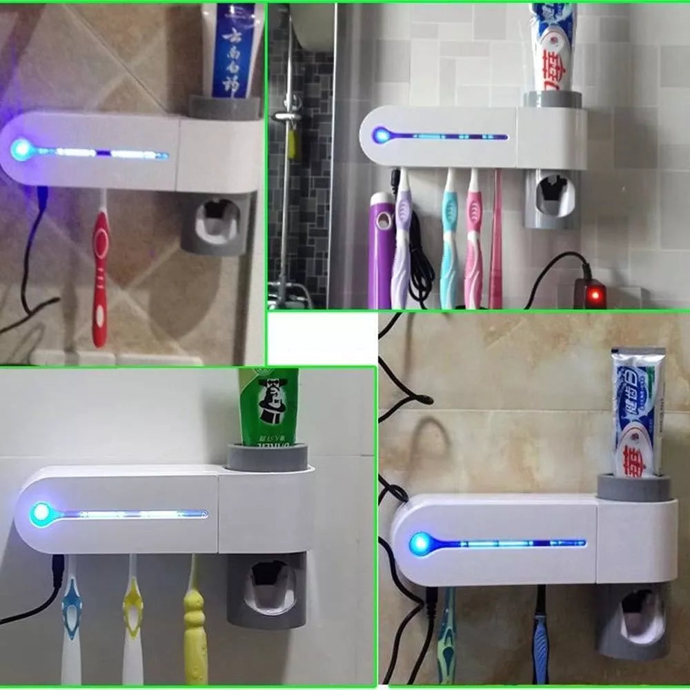 UV Light Sterilizer Toothbrush Holder Cleaner & Automatic Toothpaste Dispenser