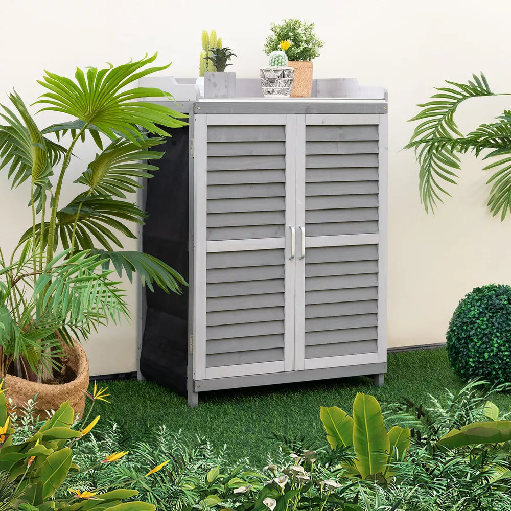 Outdoor Potting Bench Table, Garden Storage Cabinet w/Metal Tabletop Grey