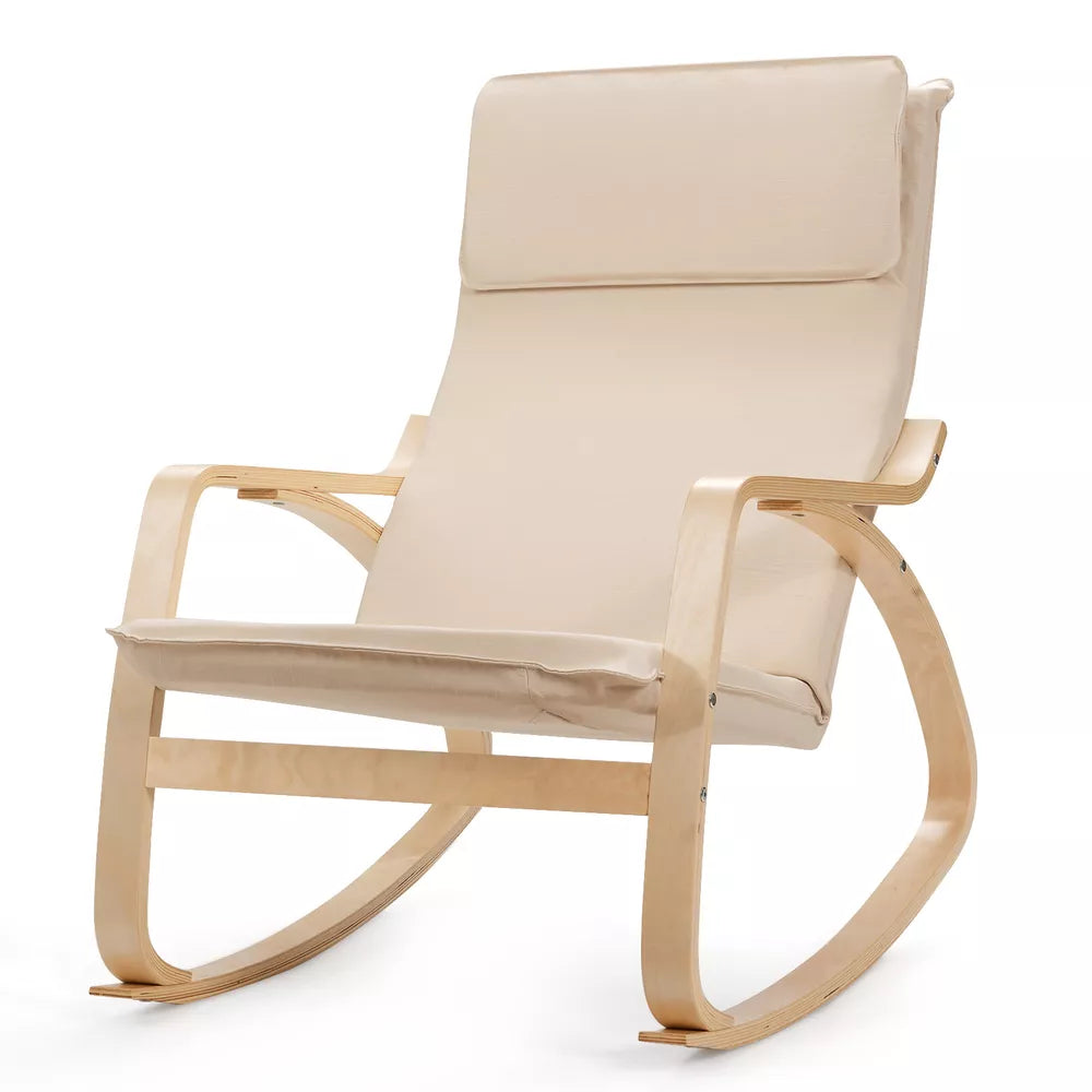 Modern Bentwood Rocking Chair Fabric Upholstered Relax Rocker Lounge Chair Beige