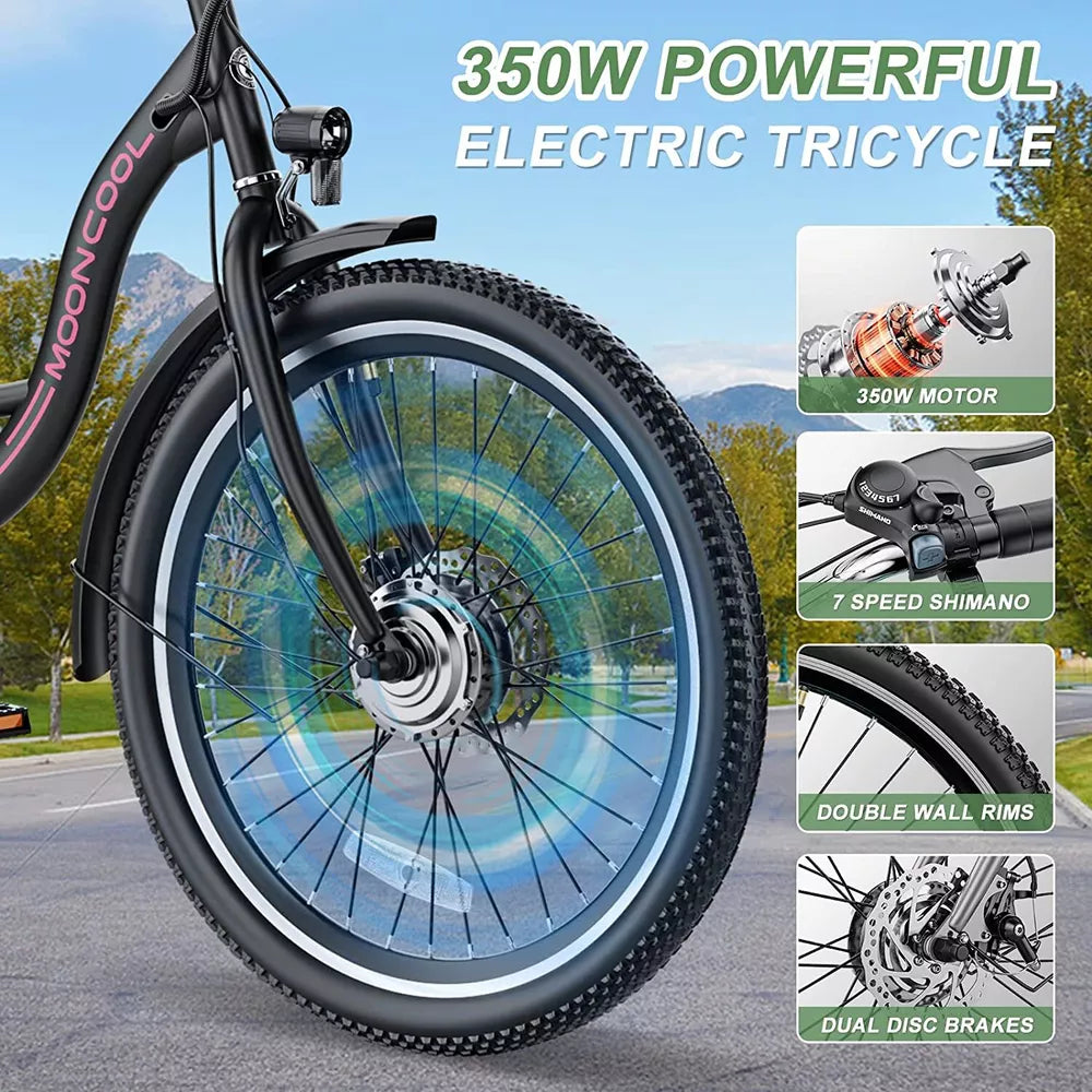 Electric Tricycle Adult Electric Bicycles, 350W 36V Trike 24/26 inch 7 Speeds