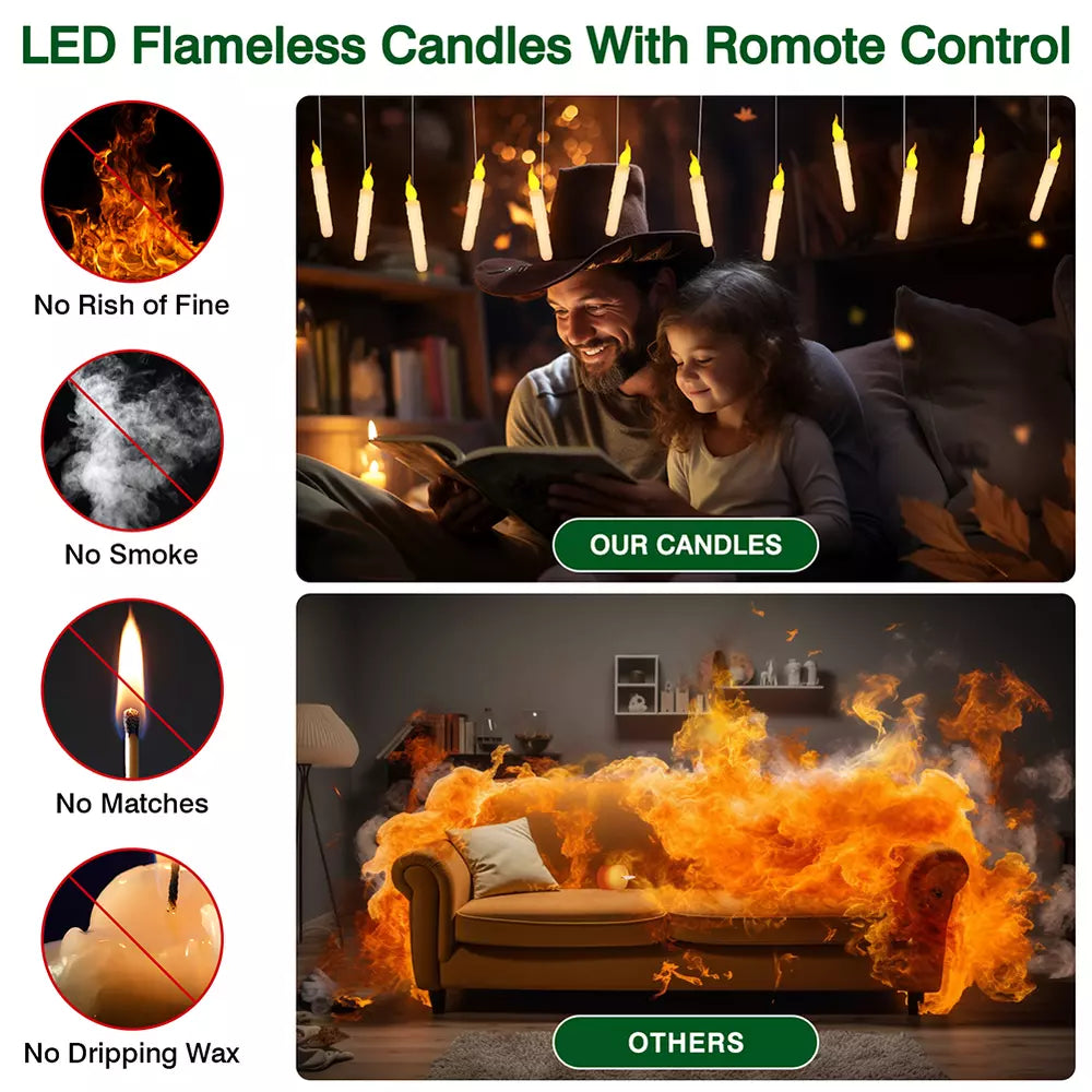 Floating Hanging Flickering Flameless LED Taper Candles with Magic Wand Remote