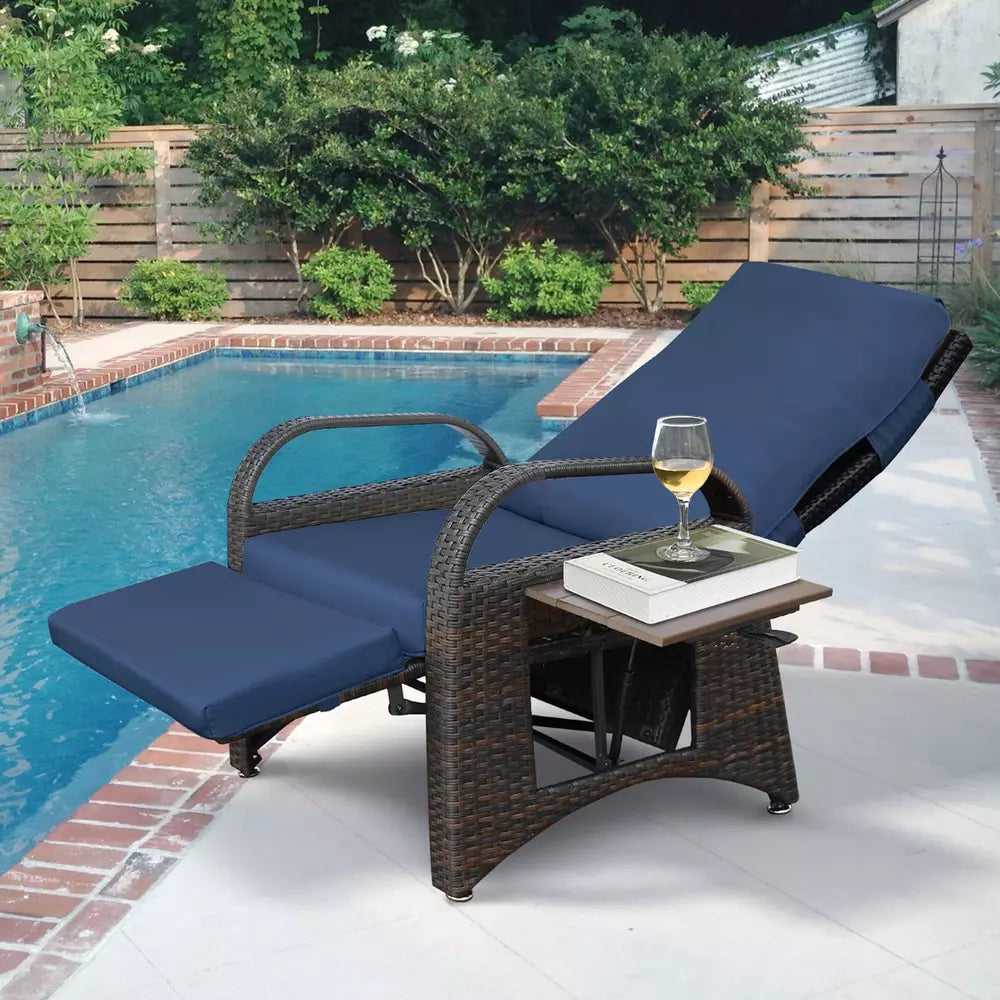 Outdoor Adjustable Recliner PE Wicker Chair With Side Table Navy Blue Cushions