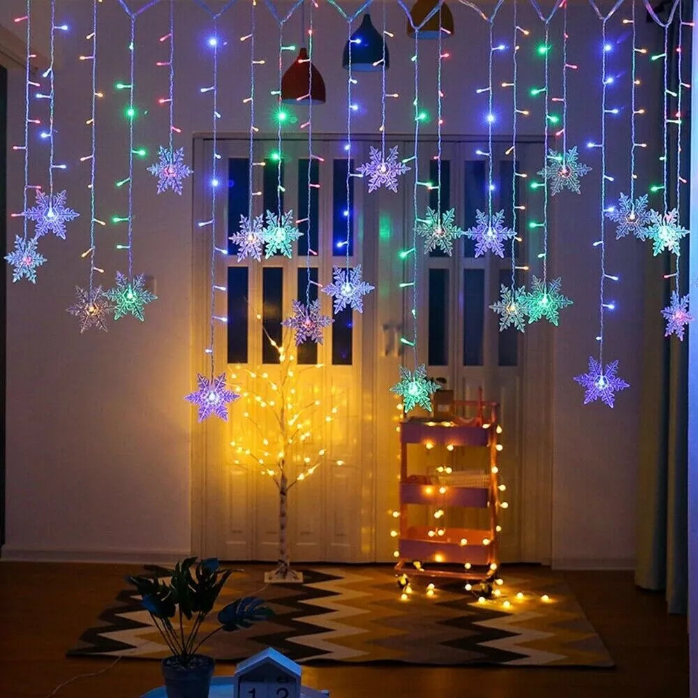 96 LED Snowflake Fairy Curtain String Lights Hanging Xmas Ornament Party Decor