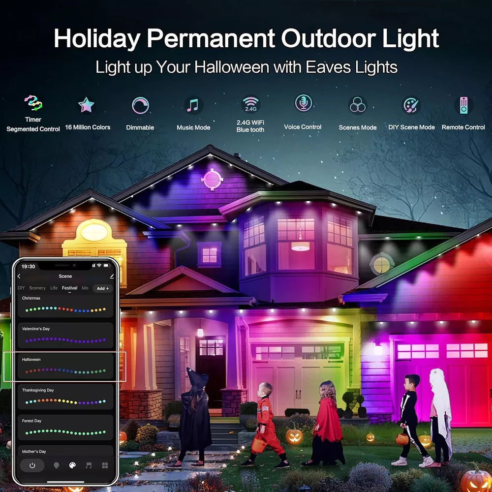 Permanent Outdoor Eaves Lights Smart RGB 150ft/300ft 108/216 LED DIY Scene Modes