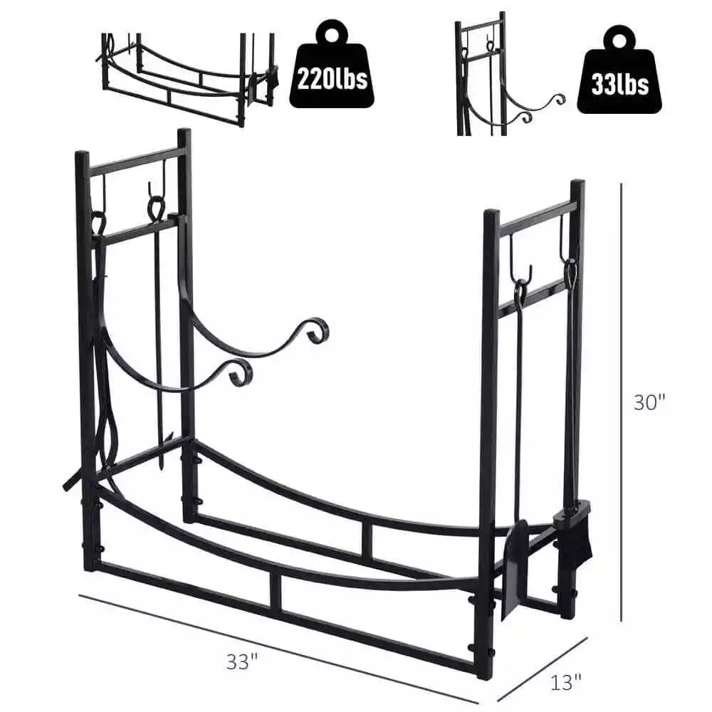 33 in. L Wrought Iron Indoor Outdoor Fireplace Tool Set Log Rack Holder with Fir