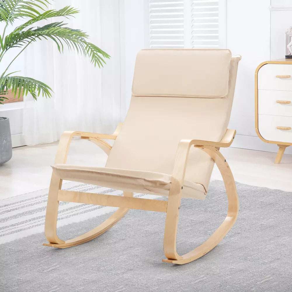 Modern Bentwood Rocking Chair Fabric Upholstered Relax Rocker Lounge Chair Beige