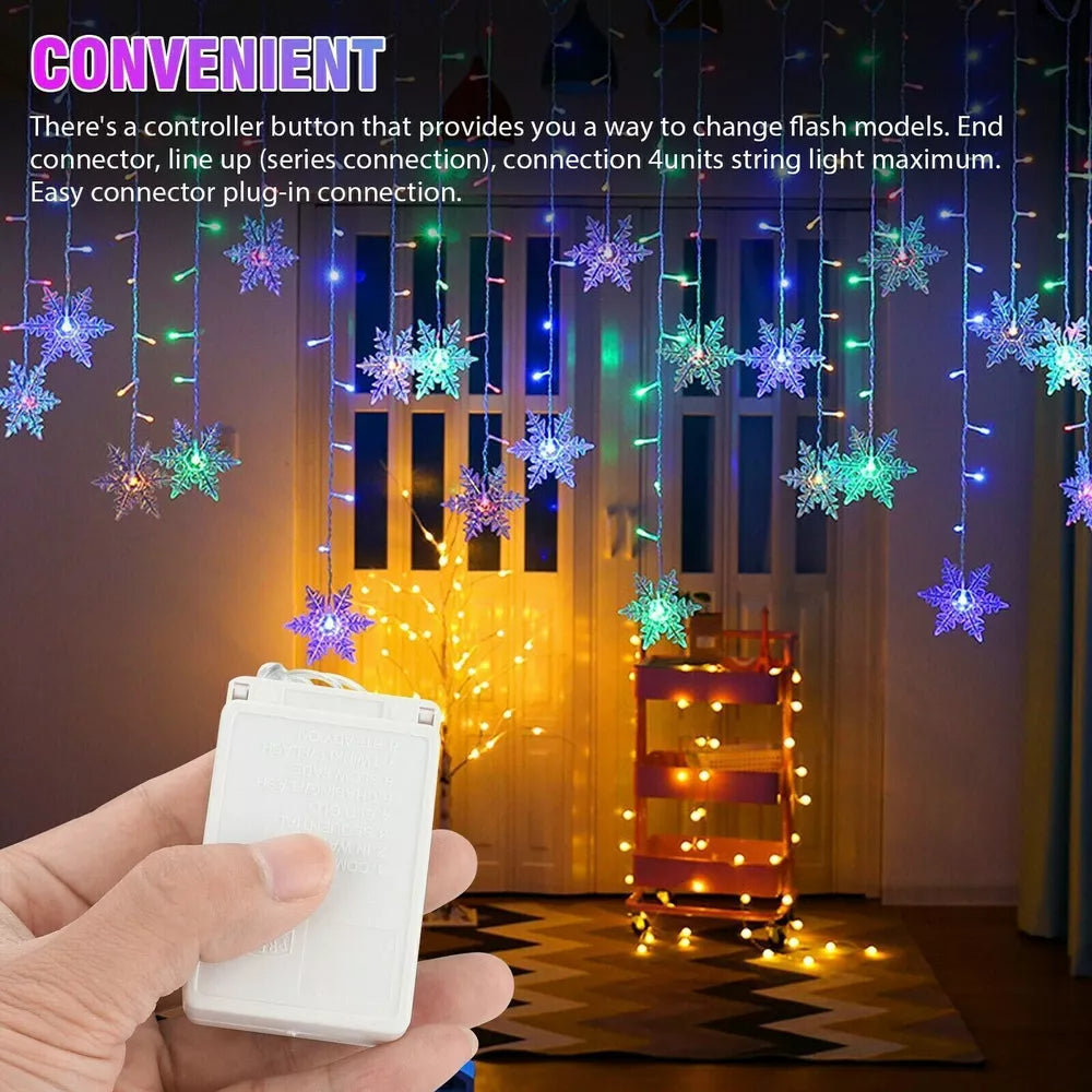 96 LED Snowflake Fairy Curtain String Lights Hanging Xmas Ornament Party Decor