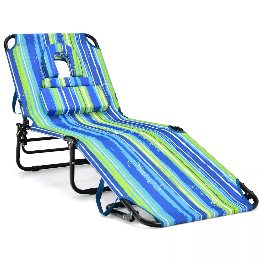 Beach Chaise Lounge Chair w/ 5-Position Adjustable Backrest & Face Hole Pillows