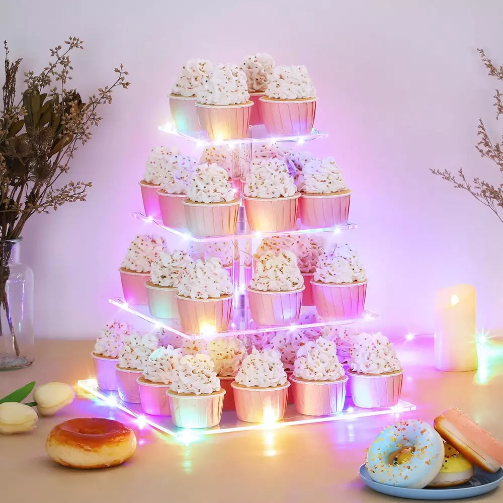 4 Tier Cupcake Stand with LED String Light, Acrylic Cupcake Display Stand, Squar