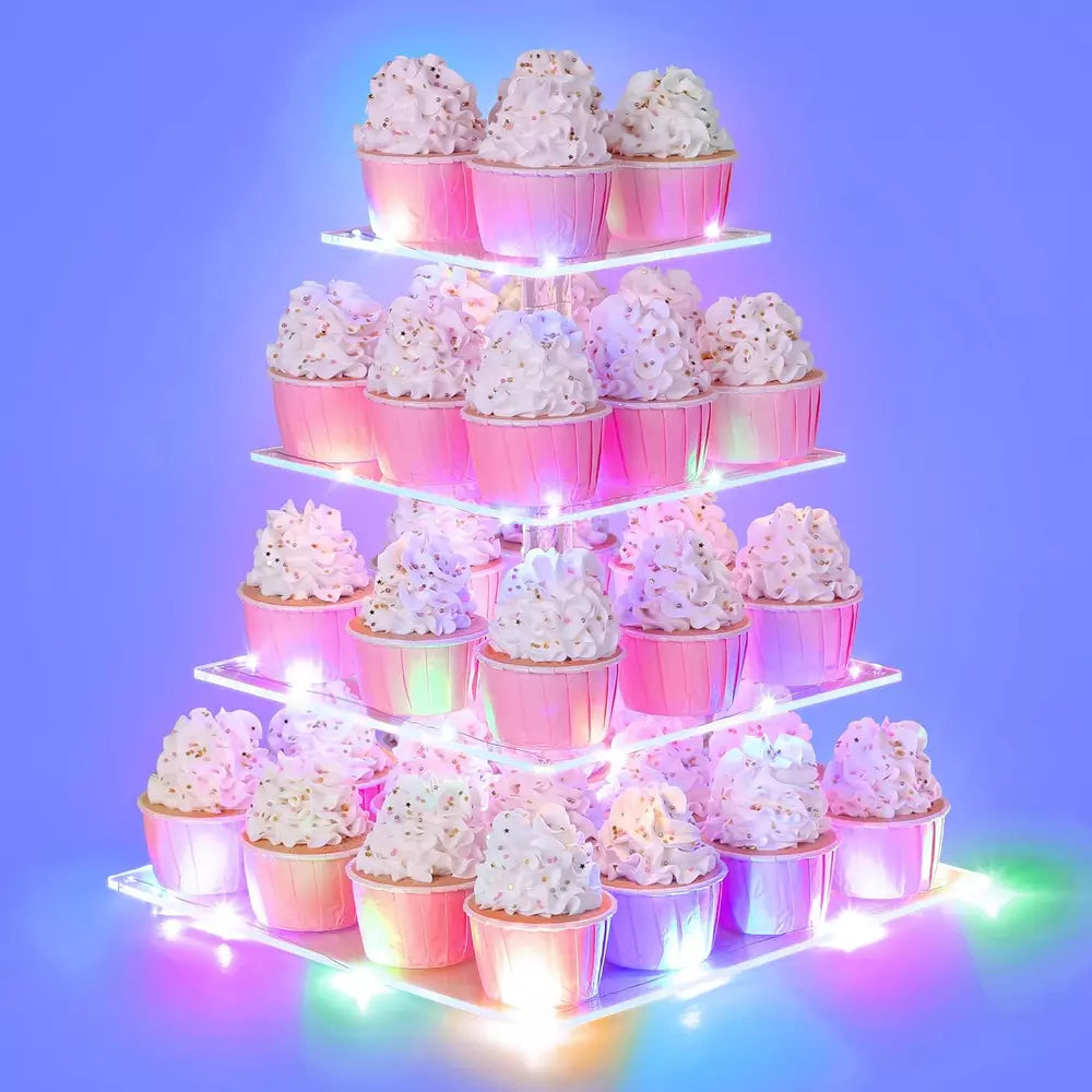 4 Tier Cupcake Stand with LED String Light, Acrylic Cupcake Display Stand, Squar