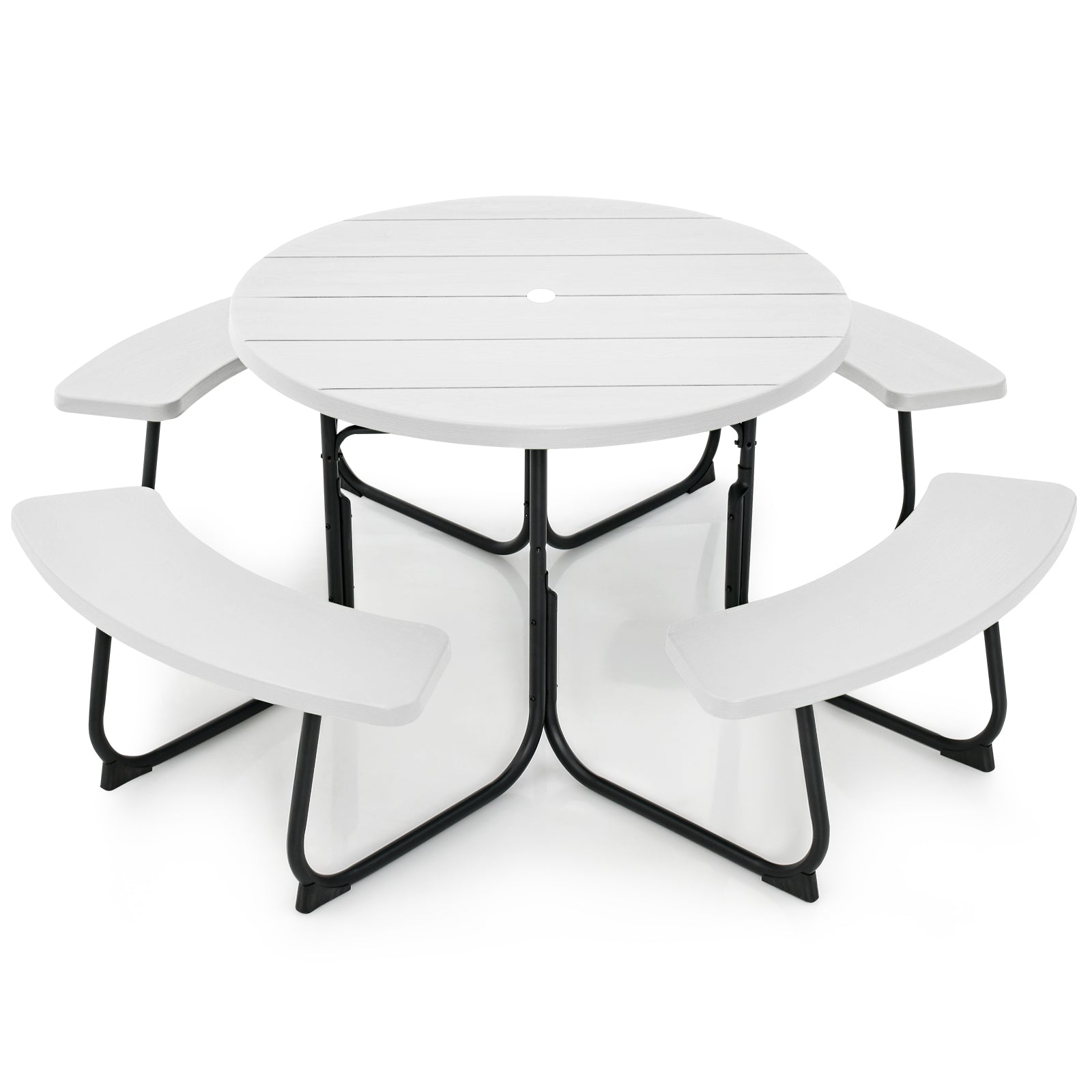 Outdoor 8-person Round Picnic Table Bench Set w/ 4 Benches & Umbrella Hole