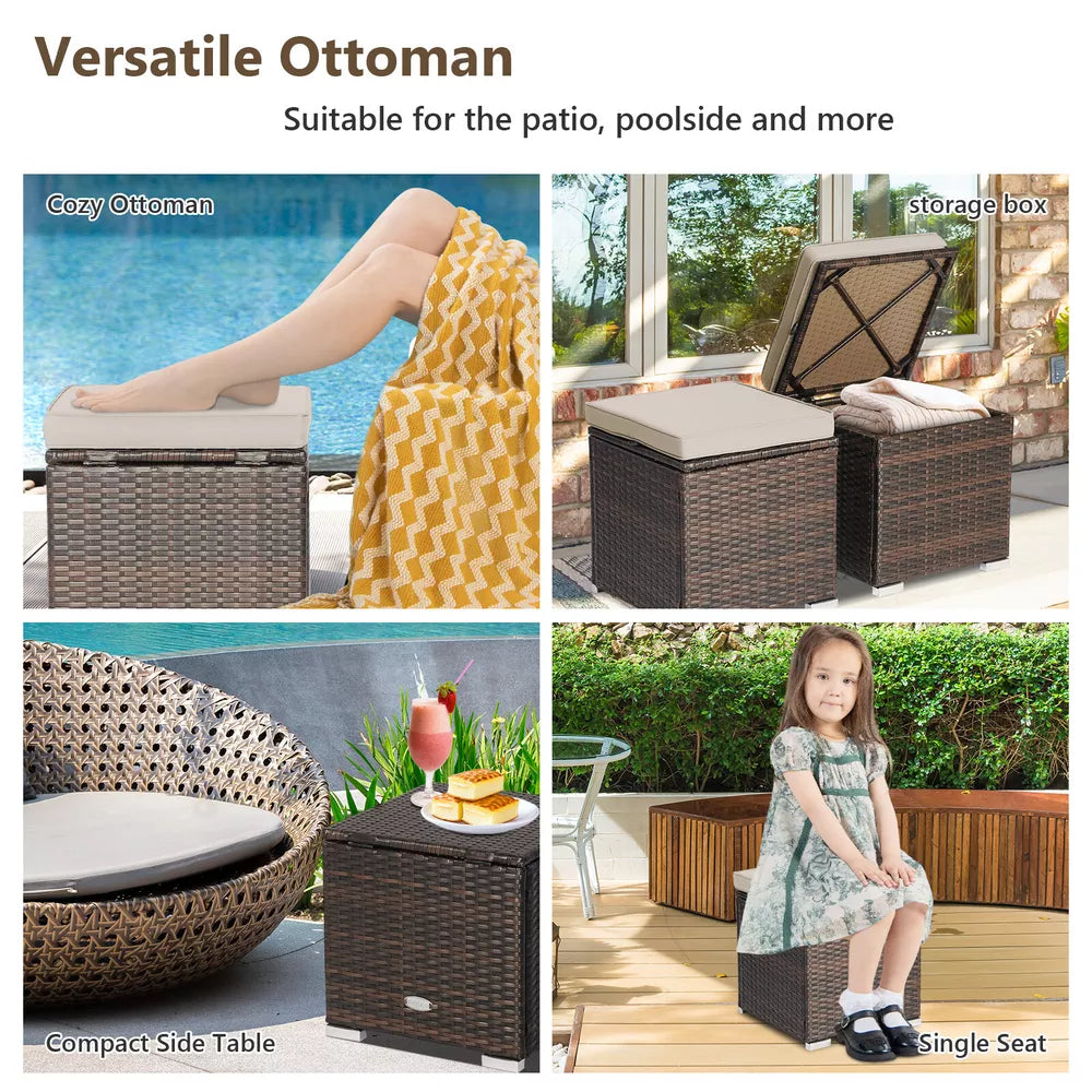 2PCS Patio Rattan Ottomans Seat Side Table Storage Box Footstool W/Cushion Beige