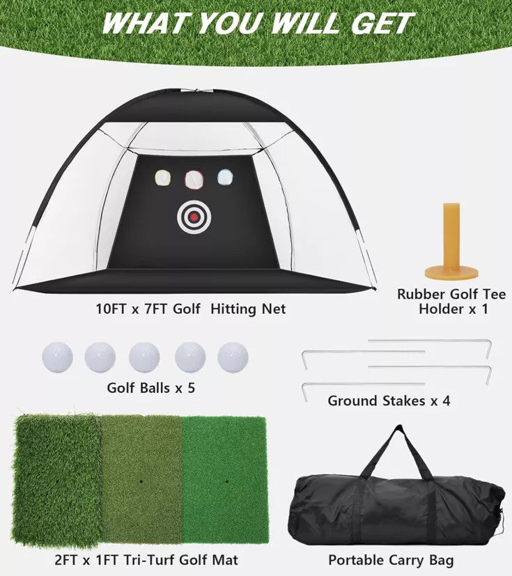 Golf Practice Hitting Net Ball Turf Tee Set for Indoor Backyard Portable