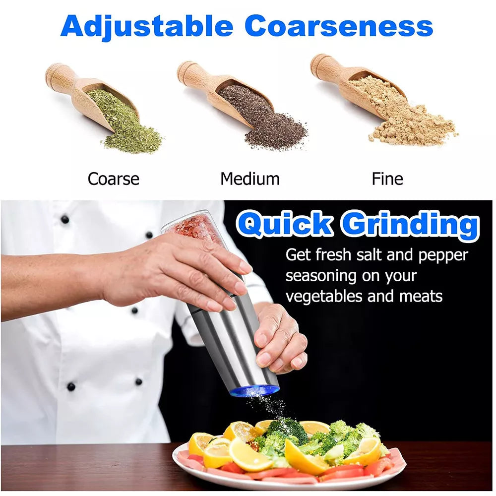 2PC Electric Pepper & Salt Grinder Automatic Adjustable Coarseness Battery Power